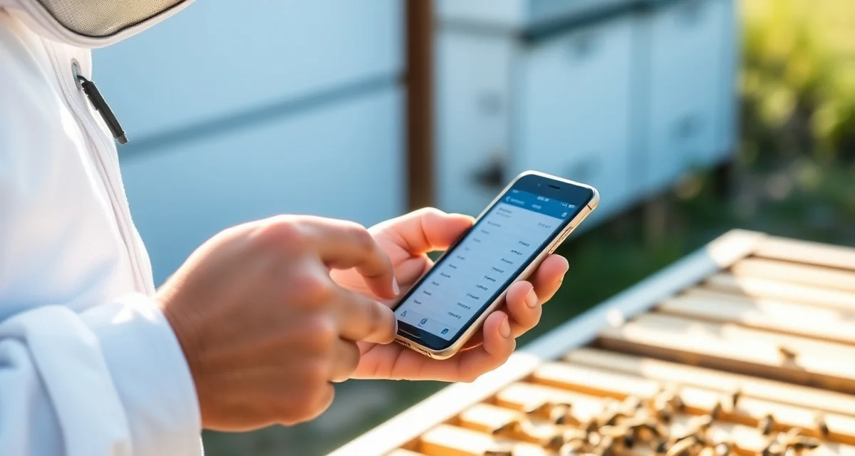 Beekeeper logging varroa mite count data through API integration app on smartphone during hive inspection