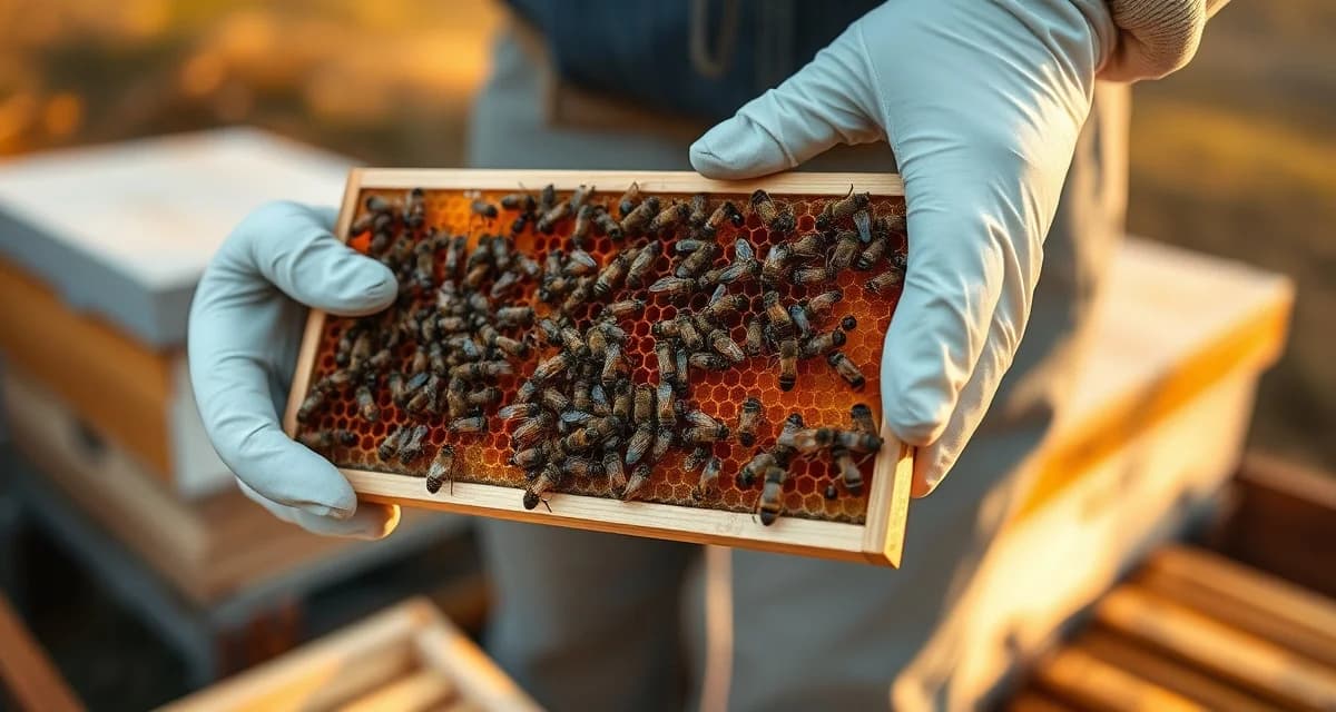 Beekeeper inspecting honeycomb frame during autumn varroa mite monitoring and fall hive management