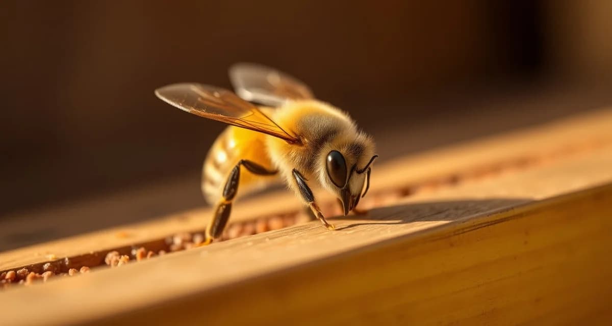 Honeybee on hive frame demonstrating varroa mite transmission through bee drifting behavior in apiaries
