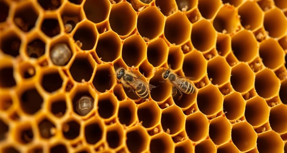 Close-up inspection of honeycomb brood cells showing varroa mite detection on bee larvae for visual hive assessment