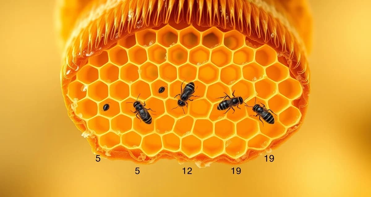 Honeycomb cross-section diagram showing varroa mite reproduction cycle in sealed brood cells with treatment day markers at day 5, 12, and 19 of the 21-day worker bee development cycle.