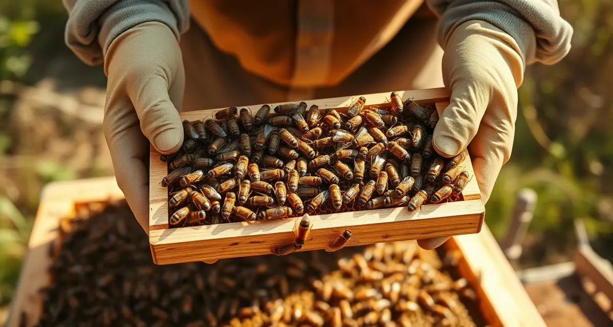 Beekeeper inspecting frame of bees during hive assessment for varroa mite colony strength scoring and management evaluation
