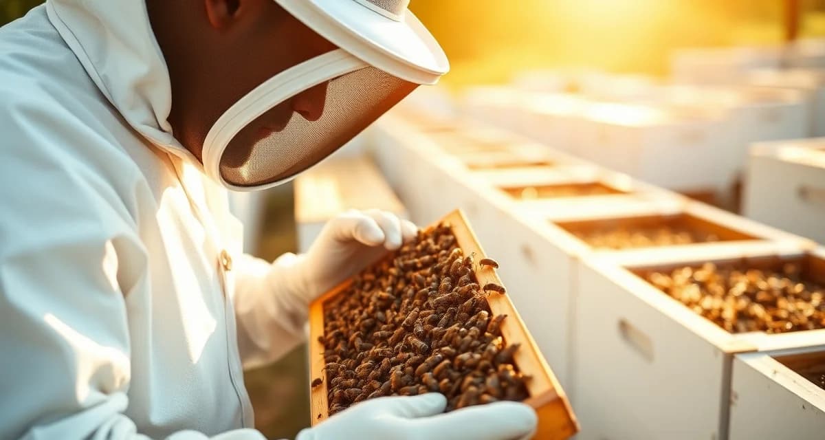 Commercial beekeeper performing varroa mite inspection on bee hive frame with compliance documentation practices for large-scale operations.