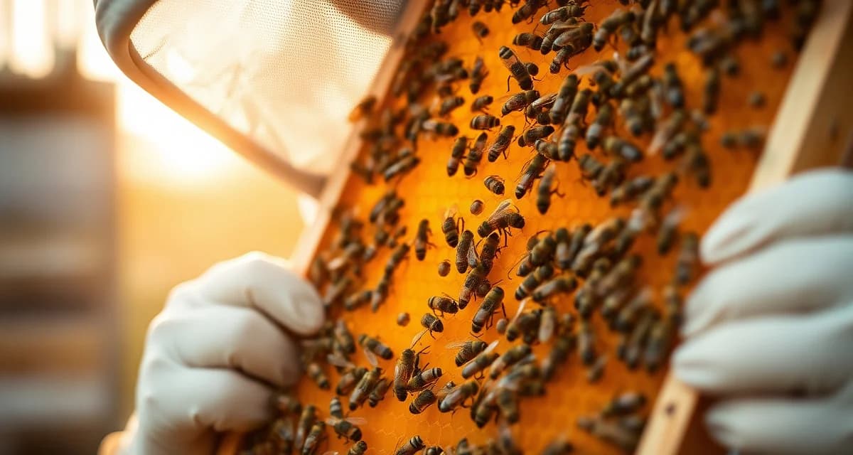 Close-up of honeycomb frame showing varroa mite control inspection during natural chemical-free beekeeping management