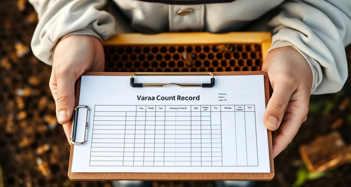 Beekeeper completing a varroa mite count record template with honeycomb frame in background during hive inspection.