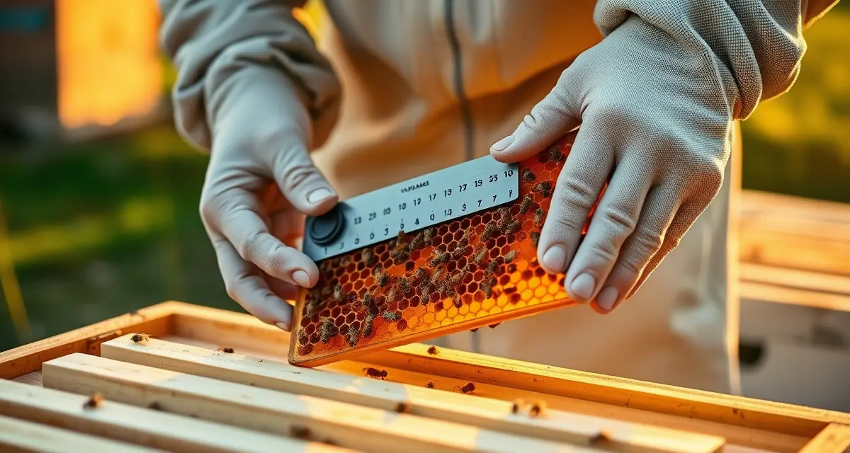 Beekeeper using mite count tracking app to monitor varroa mites on honeycomb frame in beehive