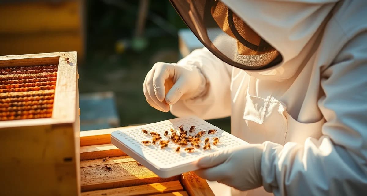 Beekeeper measuring varroa mite count on sample board to verify treatment efficacy and hive health