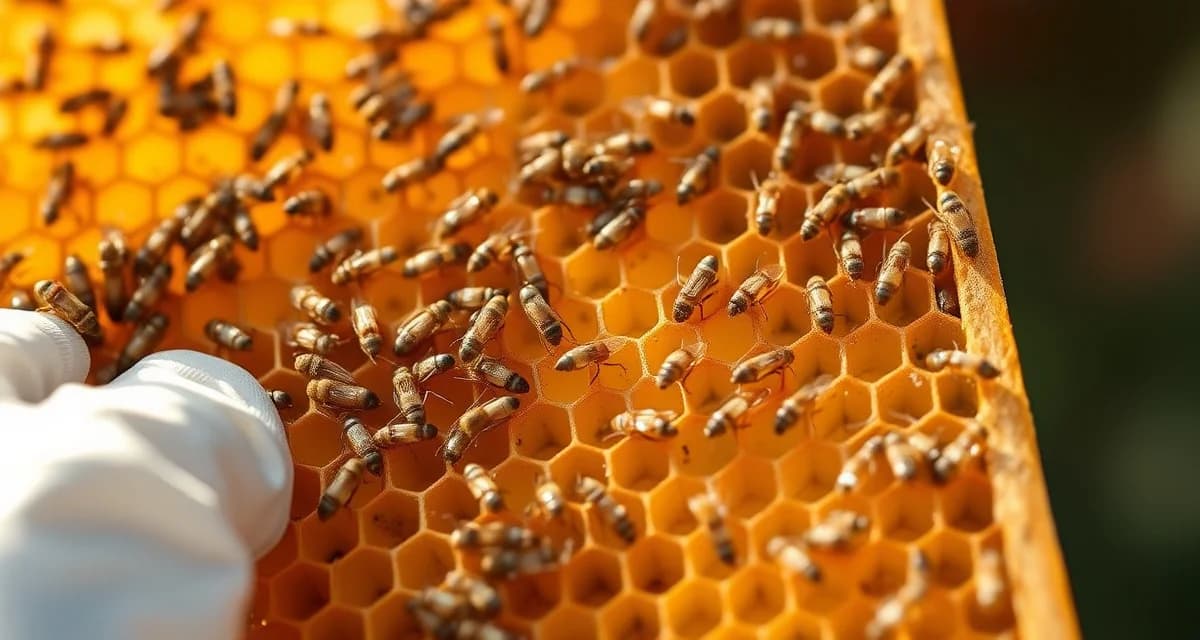 Honeycomb frame showing varroa mite distribution variance between hive sections, demonstrating high and low infestation density patterns
