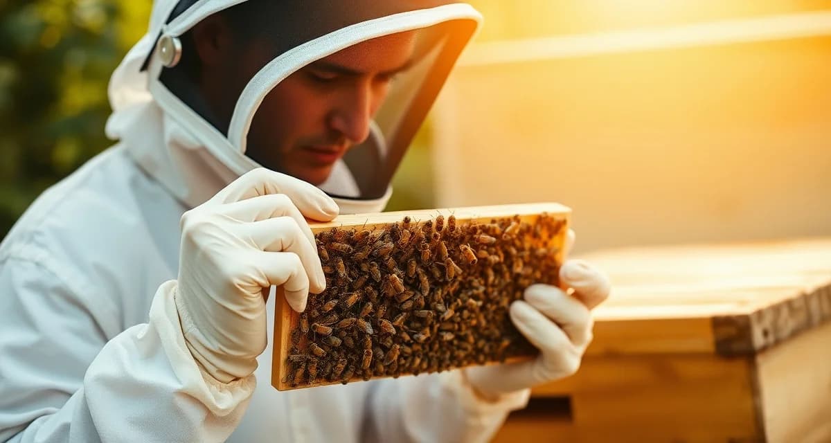 Beekeeper performing varroa mite count inspection on honeycomb frame with standardized counting method