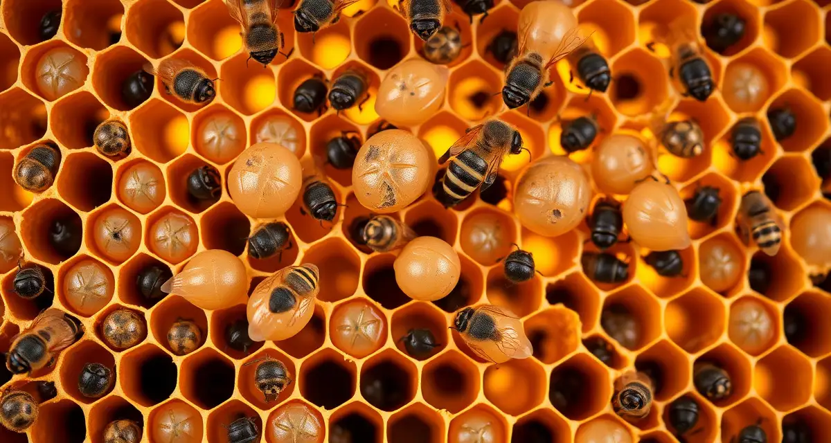 Honeycomb brood frame displaying varroa mite damage visible in open cells during hive inspection