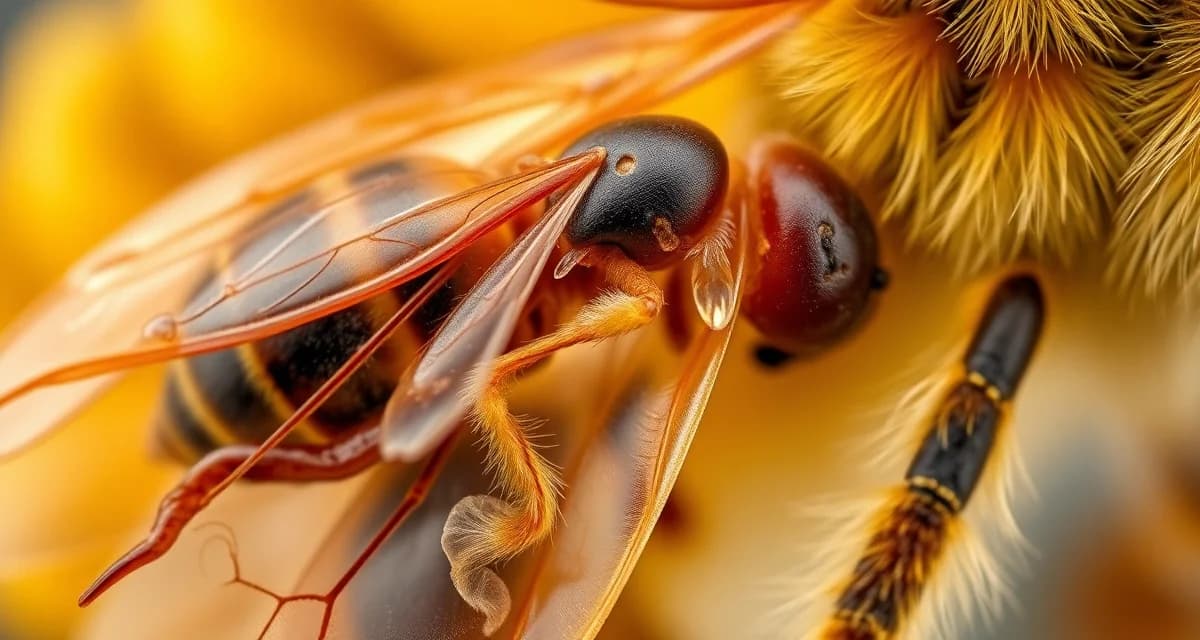Varroa destructor mite on honeybee showing deformed wing virus damage and colony health impact