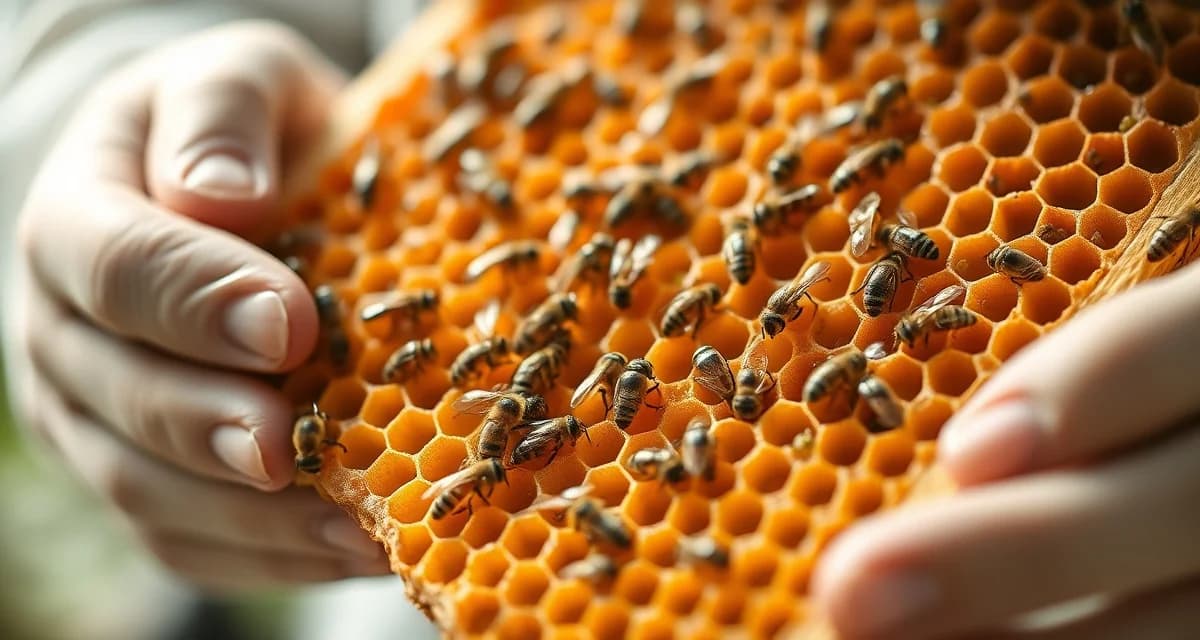 Close-up of honeycomb frame showing varroa mites on bee larvae for visual diagnosis assessment in hive management