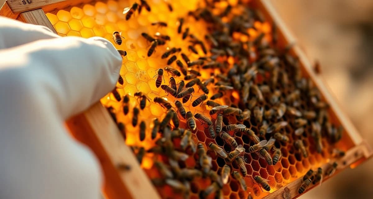 Honeybee frame inspection showing varroa mite infestation requiring emergency summer treatment protocols