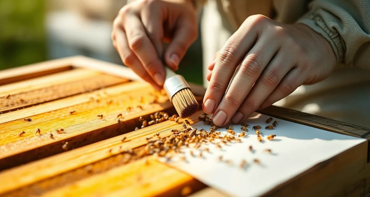 Beekeeper performing a varroa mite field count using a diagnostic sheet and brush to collect and count mites from a honeycomb frame.