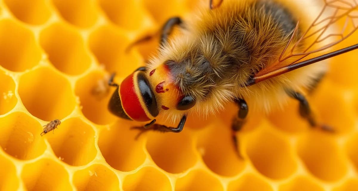 Macro view of varroa mite on honeybee demonstrating pest identification for first-year beekeepers