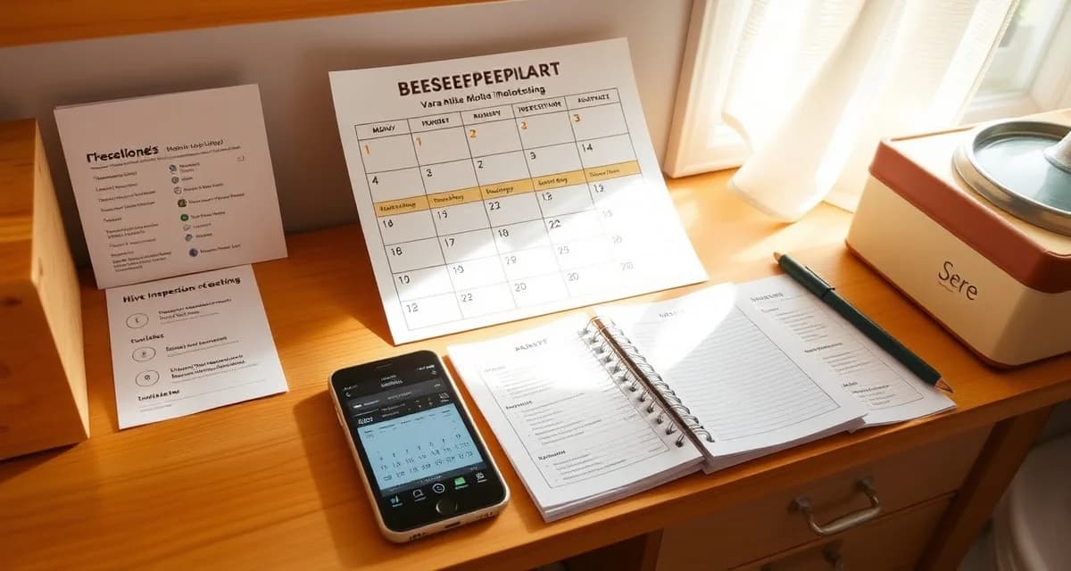 Beekeeping hive check schedule tool displaying organized annual varroa mite monitoring calendar with phone reminders and inspection checklist