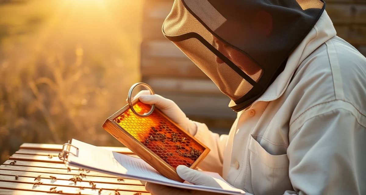 Beekeeper inspecting honeycomb frame for varroa mites with treatment records and documentation nearby