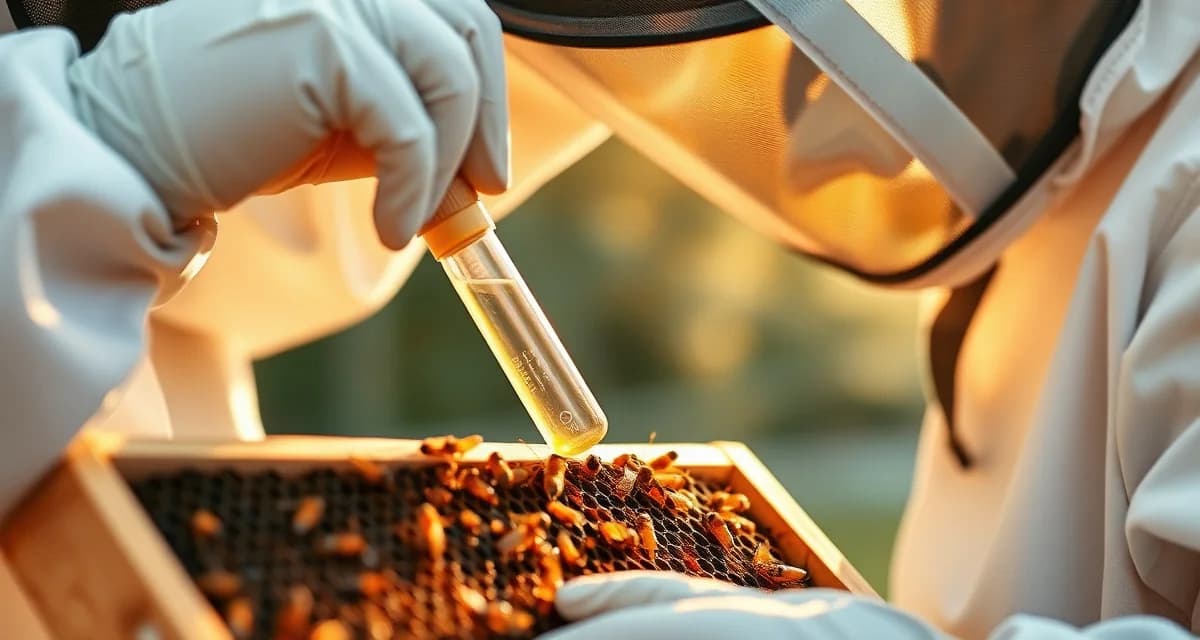 Beekeeper collecting honey sample for varroa mite treatment residue testing in laboratory conditions