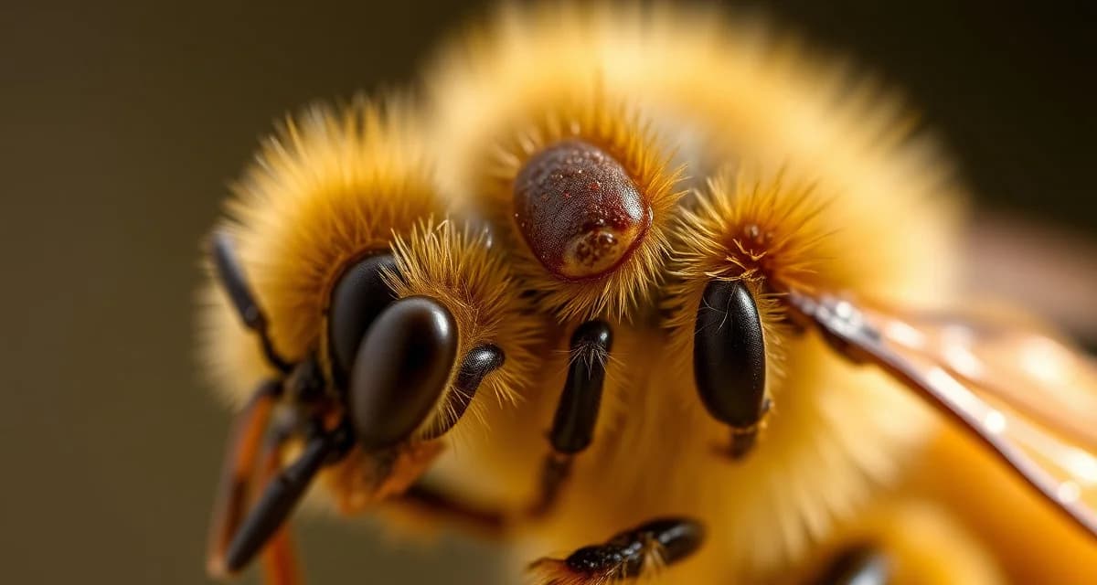 Detailed macro image of varroa mite on honeybee showing phoretic stage for beekeeping management reference