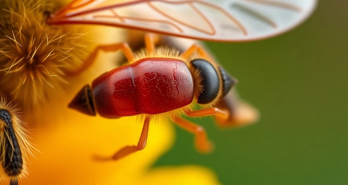 Macro photograph of varroa destructor mite on honeybee showing characteristic reddish-brown color and oval body shape for identification