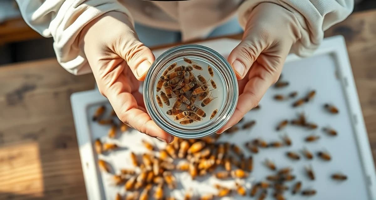 Beekeeper demonstrating varroa mite infestation rate calculation using alcohol wash method with collected mites in glass jar