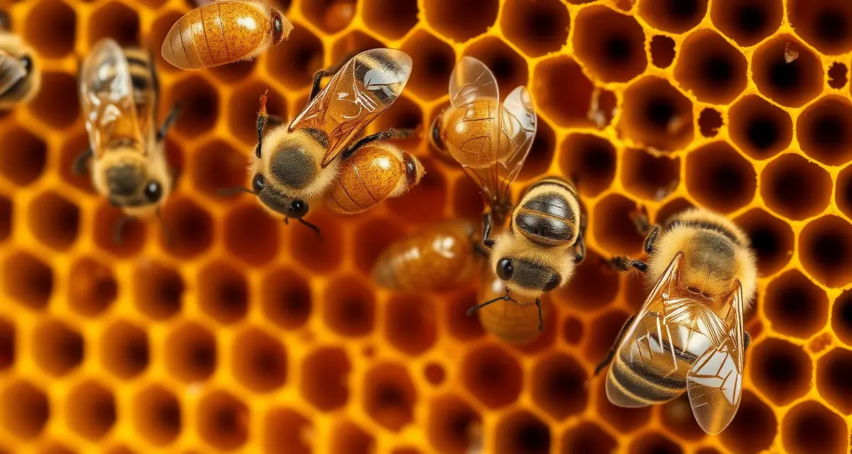 Close-up of honeycomb frame showing varroa mite infestation on honeybees for percentage calculation and monitoring