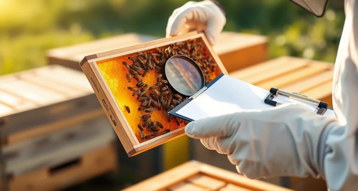 Beekeeper inspecting a hive frame for varroa mites using magnification tools during post-purchase hive examination