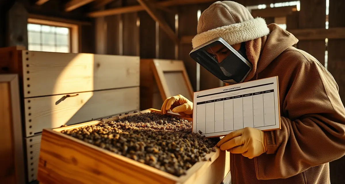 Beekeeper reviewing varroa mite data and monitoring board during January hive inspection for winter survival assessment and spring planning