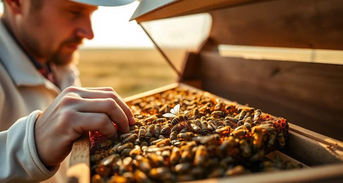 Beekeeper examining varroa mite infestation on honeycomb frame in Great Plains hive during summer management season