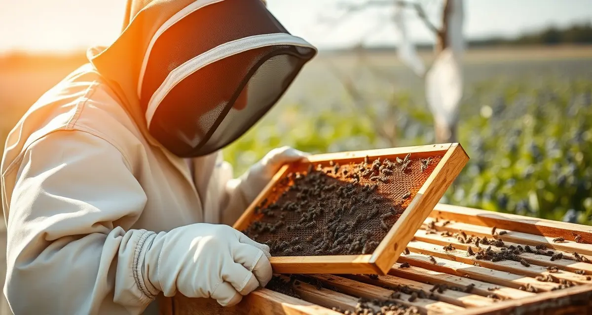 Maine beekeeper inspecting hive frame for varroa mites during active beekeeping season with blueberry pollination focus