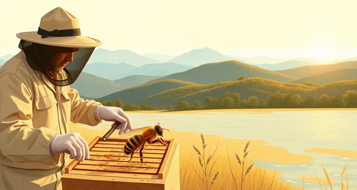 Beekeeper inspecting hive frame for varroa mites in North Carolina with mountain and coastal regions visible