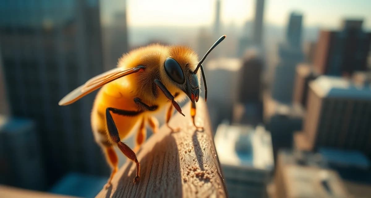 Close-up of varroa mite on honeybee with NYC rooftop beehive and city skyline visible in background