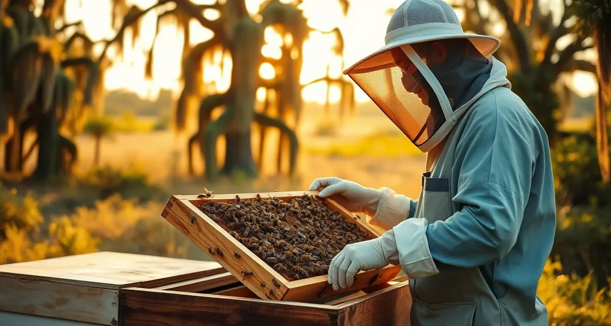 Beekeeper inspecting hive frame for varroa mites during South Carolina seasonal varroa management treatment