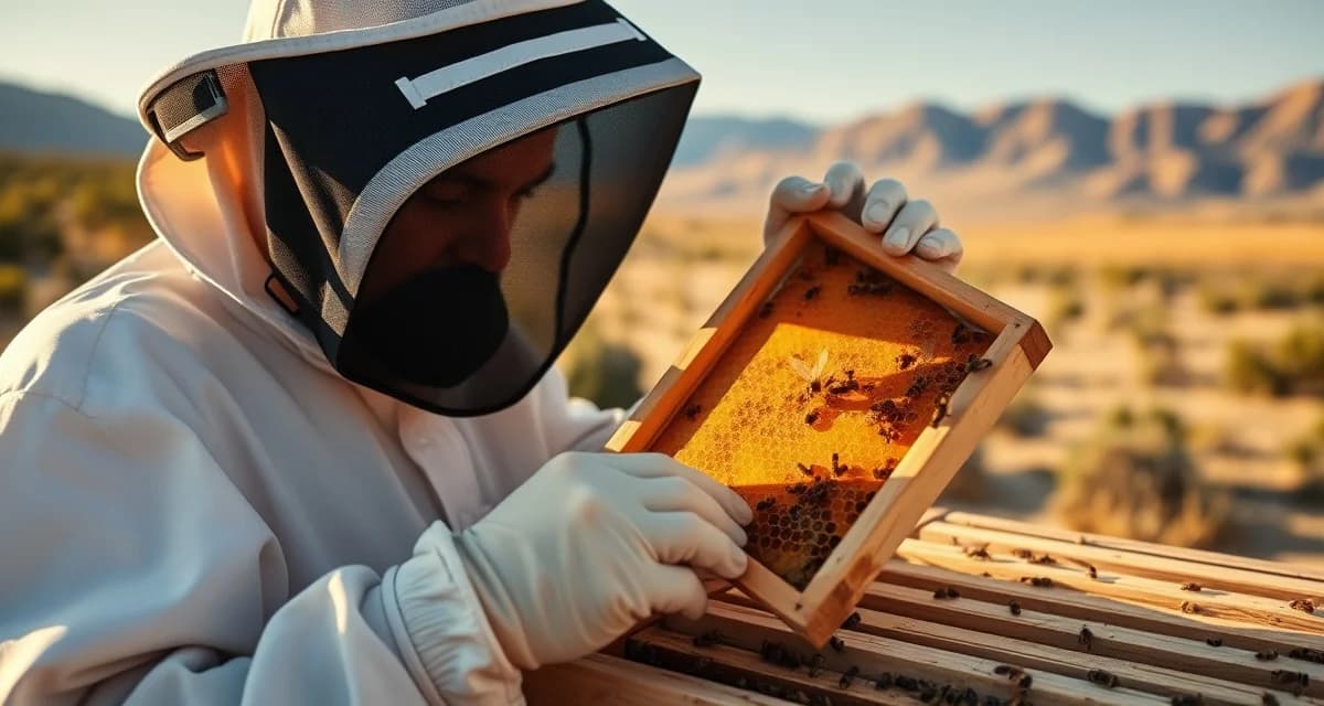 Utah beekeeper inspecting hive frame for varroa mite management during inspection in high-altitude desert beekeeping environment
