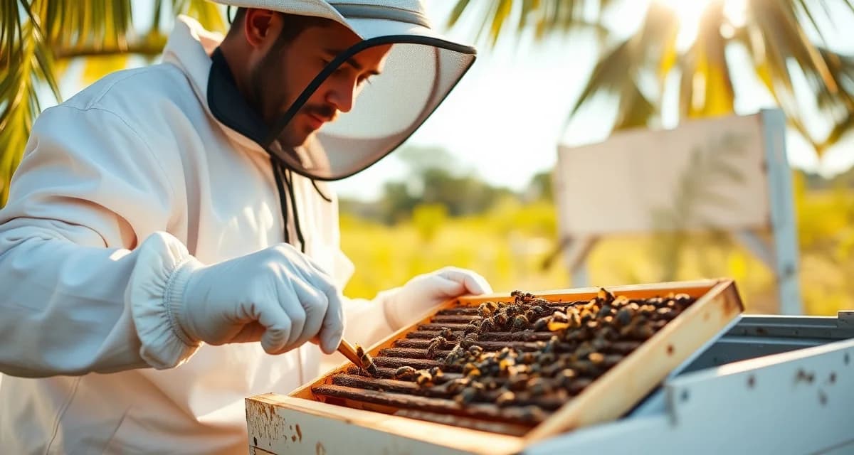 Beekeeper inspecting hive frame for varroa mites in USDA Zone 10 climate with year-round monitoring techniques