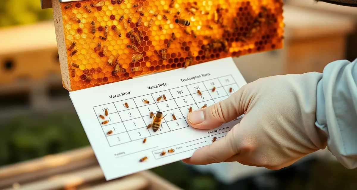 Beekeeper using varroa mite monitoring board to track mite counts in individual apiary hives for precise treatment decisions