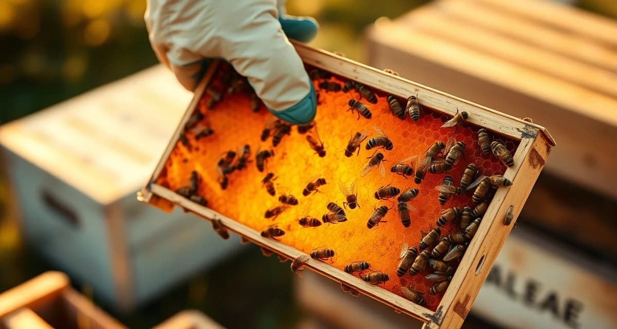Beekeeper examining honeycomb frame for varroa mite monitoring during hive inspection and management.