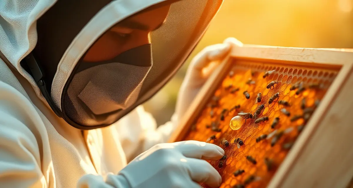 Beekeeper inspecting queen rearing cell builder frame for varroa mite monitoring and infestation control
