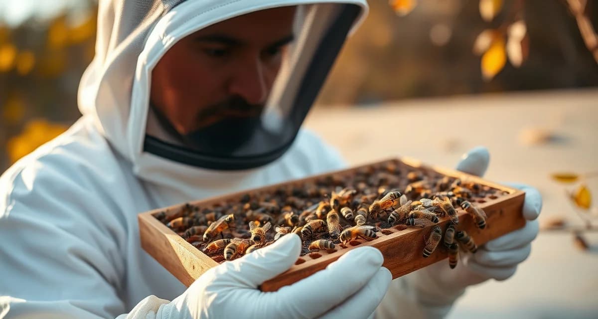 Beekeeper performing varroa mite monitoring inspection on honeybee frame during seasonal hive assessment