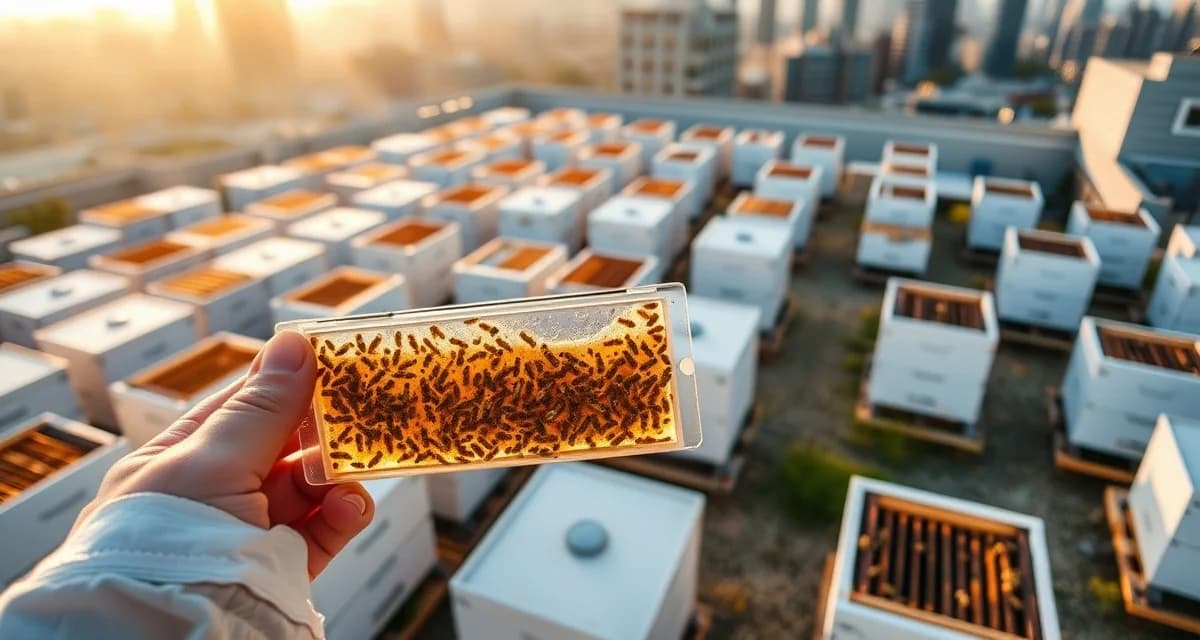 Urban rooftop beehives with varroa mite monitoring equipment and sampling frame for tracking mite infestation levels