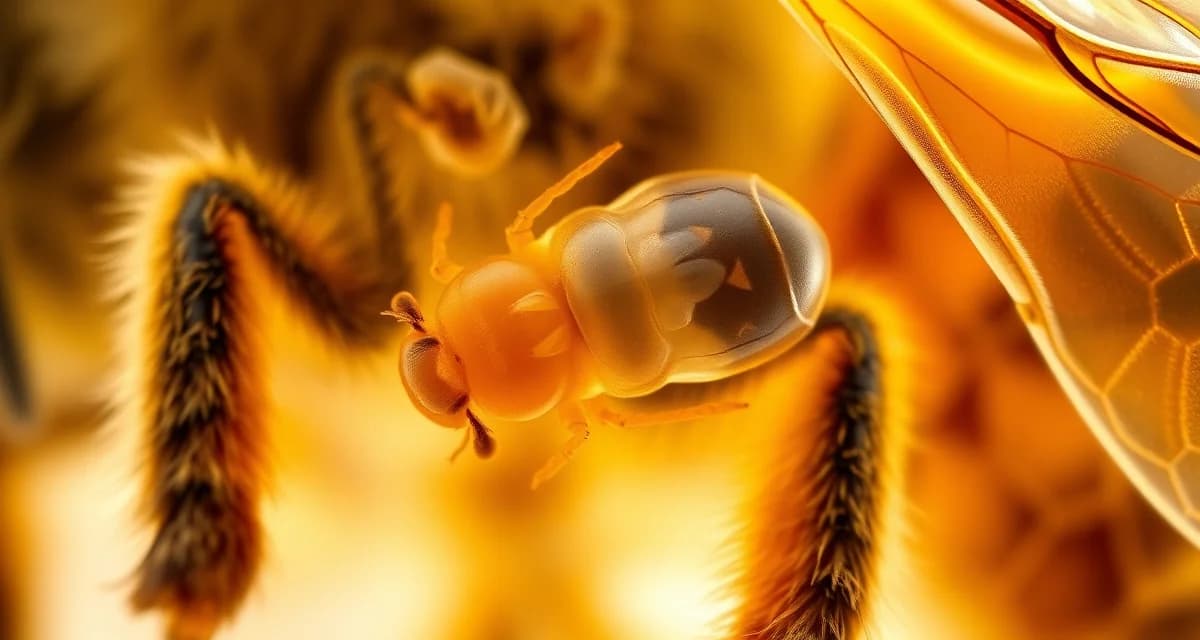 Varroa mite parasitizing honeybee showing nutritional damage and metabolic stress from mite infestation