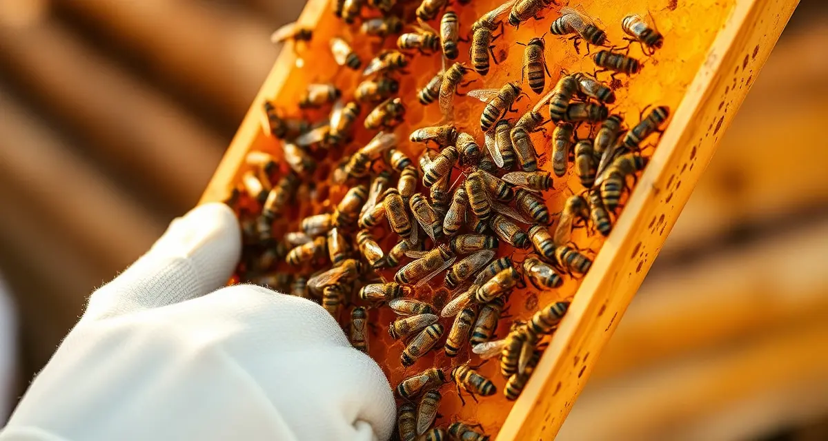 Honeybee frame inspection showing varroa mites during October hive treatment and monitoring in beekeeping management.