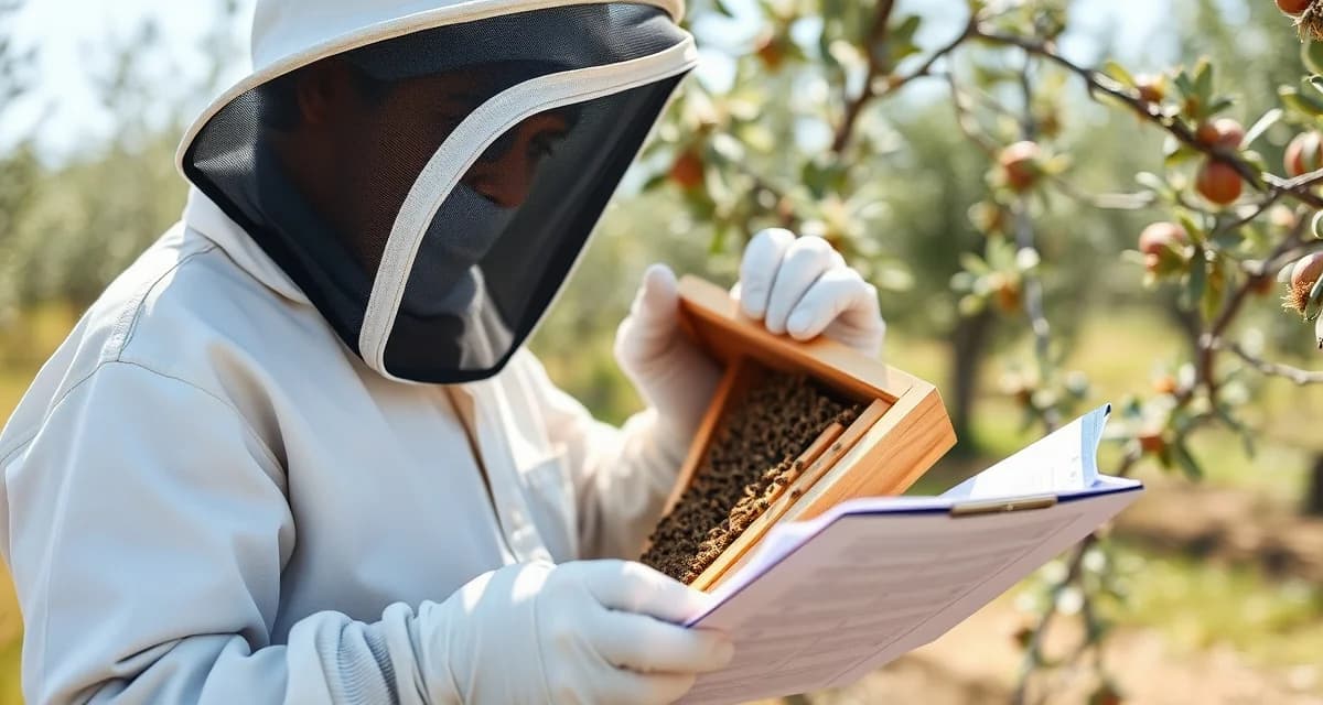 Beekeeper reviewing varroa mite treatment records for pollination contract compliance documentation