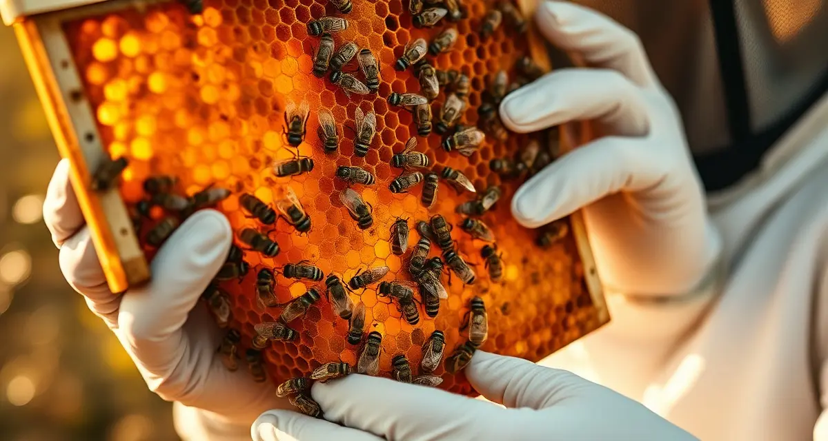 Beekeeper inspecting honeycomb frame for varroa mites during almond pollination season hive management and treatment protocol