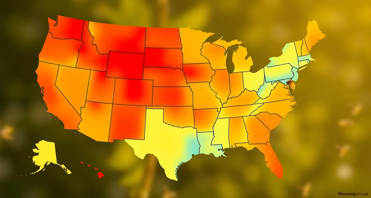 US heat map showing varroa mite pressure variation by region, with Southeast and Hawaii in high-pressure zones and Northern states in low-pressure zones.
