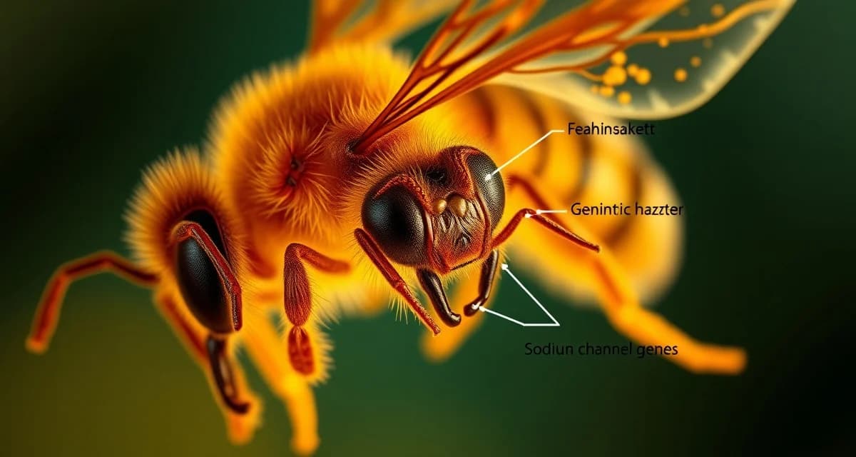 Microscopic view of varroa mite showing pyrethroid resistance mutation in sodium channel gene structure on honeybee host.