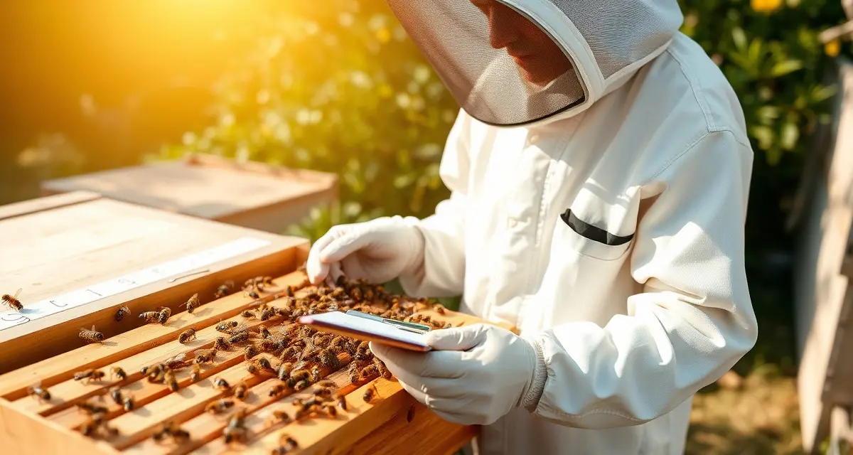 Beekeeper monitoring varroa mite resistance by examining hive frame and documenting treatment efficacy data in apiary