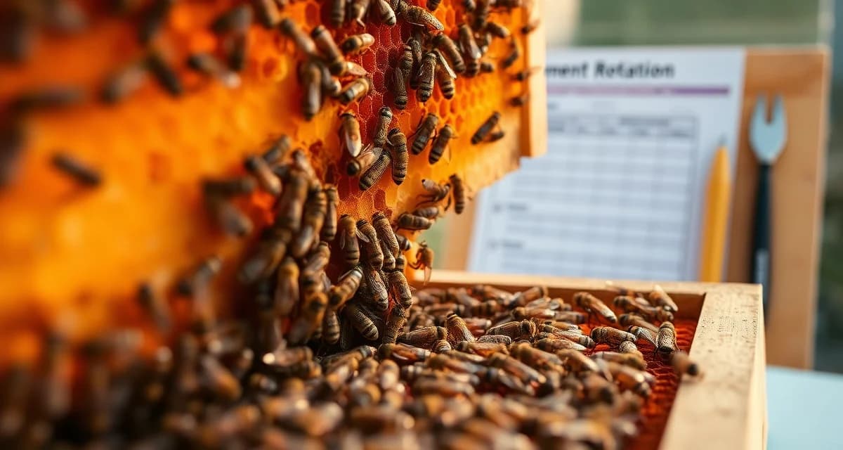Honeycomb frame showing varroa mite infestation on honey bees during hive inspection and resistance management monitoring