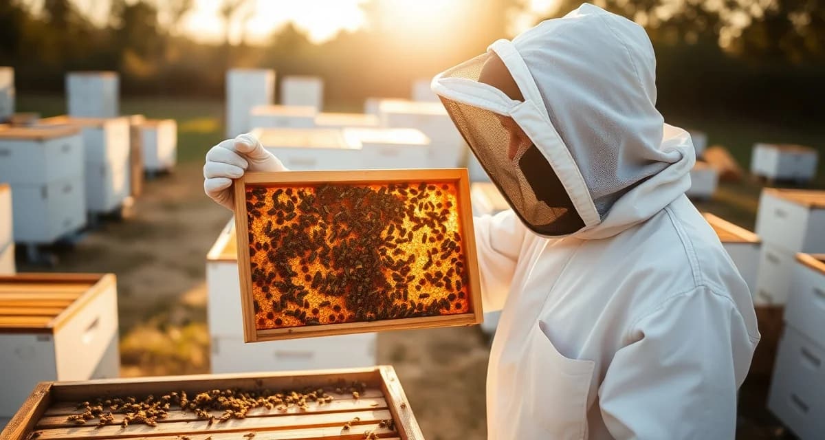Commercial beekeeper performing varroa mite scouting inspection on honeycomb frame using stratified sampling method for apiary management
