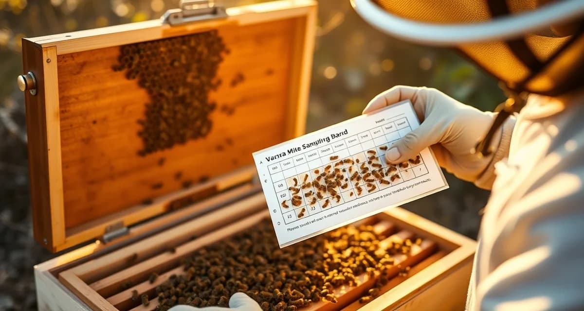 Beekeeper performing varroa mite check on hive frame using sampling board to measure infestation levels